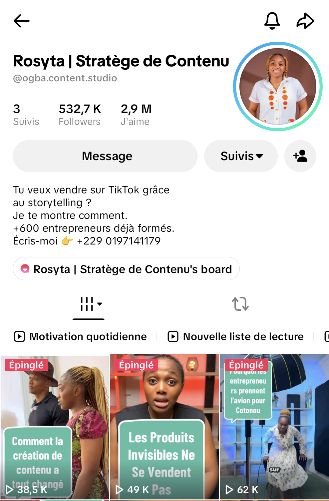 Compte TikTok de Rosyta — 532,7 K abonnés, 2,9 M de likes